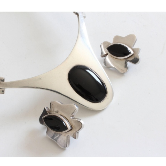 Silver Choker and Earrings Set .925 Sterling Silver Stamped Taxco Mexico Modern - Picture 6 of 8